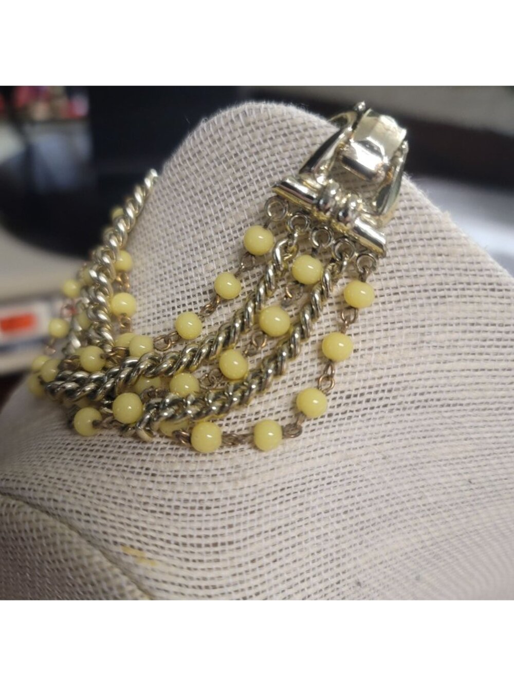 Vintage Multi-Strand Bracelet Yellow Beads Silver-Tone Chains 7 inches Statement